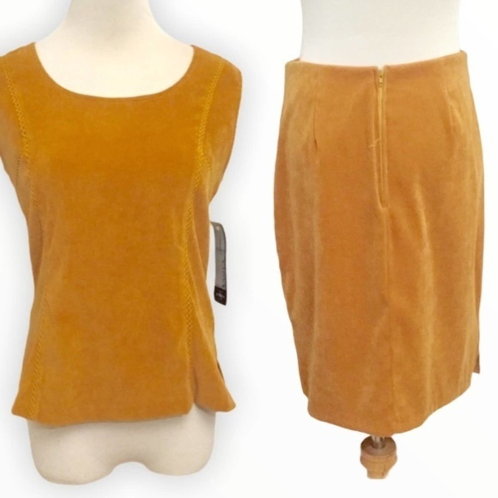 Vintage 90s Marigold Mustard Faux Suede Top & Pencil Skirt Set M - Picture 5 of 15